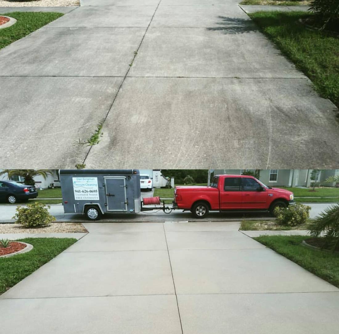 Driveway before cleaning above and after cleaning below, with the work truck and trailer on site