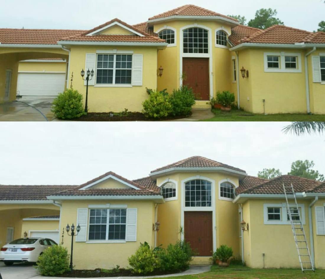Yellow stucco house exterior before and after pressure cleaning