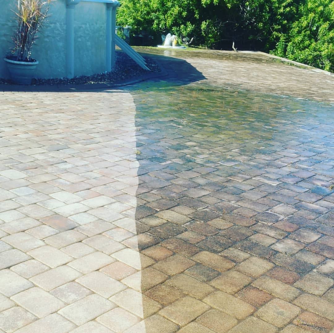 Paver pool deck photographed mid-clean, cleaned pavers on the left and algae-stained pavers on the right