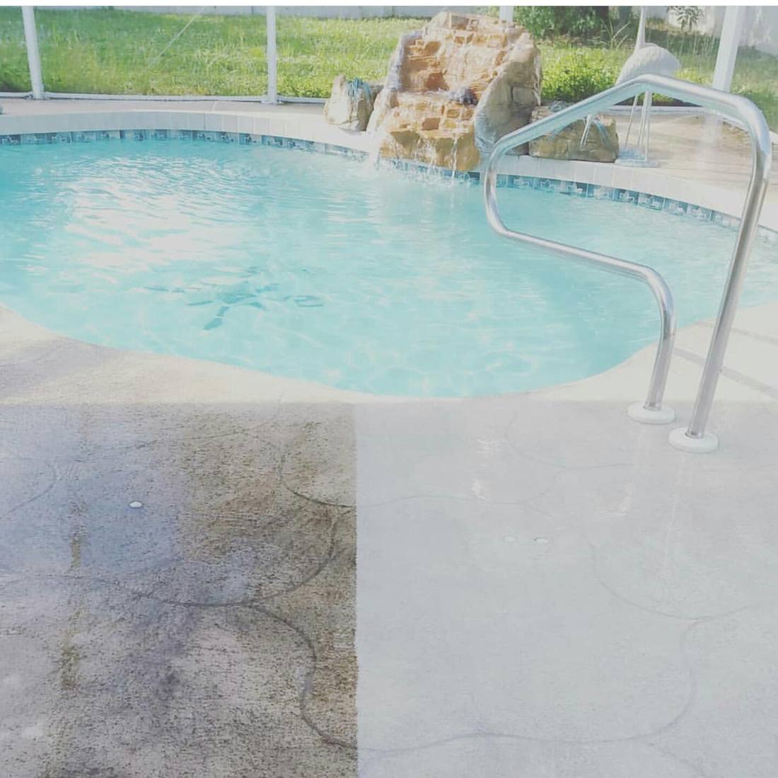 Screened pool and deck with stained concrete on the left and cleaned concrete on the right