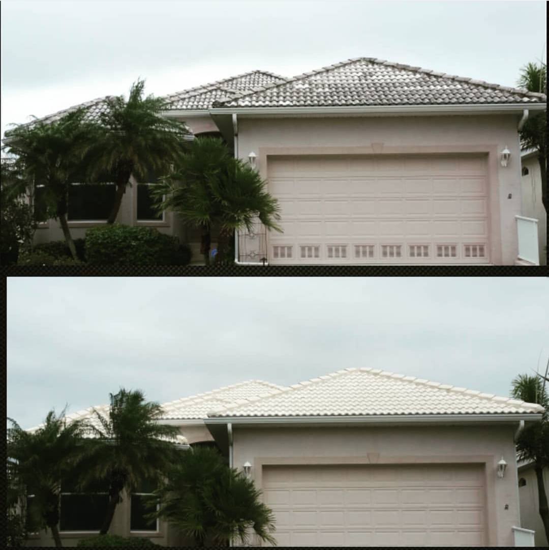 Tile roof streaked with algae above and uniformly clean below after soft washing